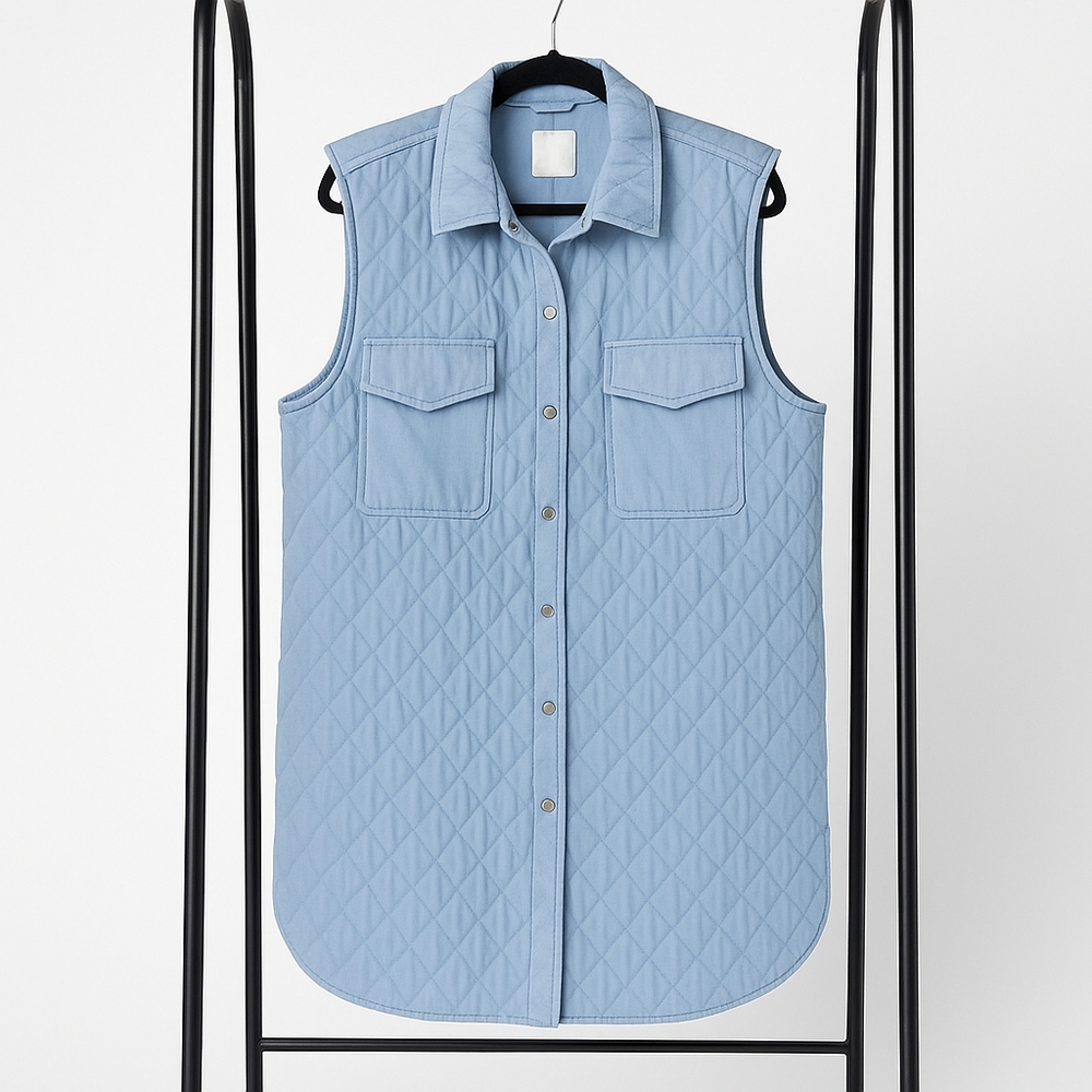H&M Quilted Sleeveless Light Blue Shirt Dress vest snap front pockets